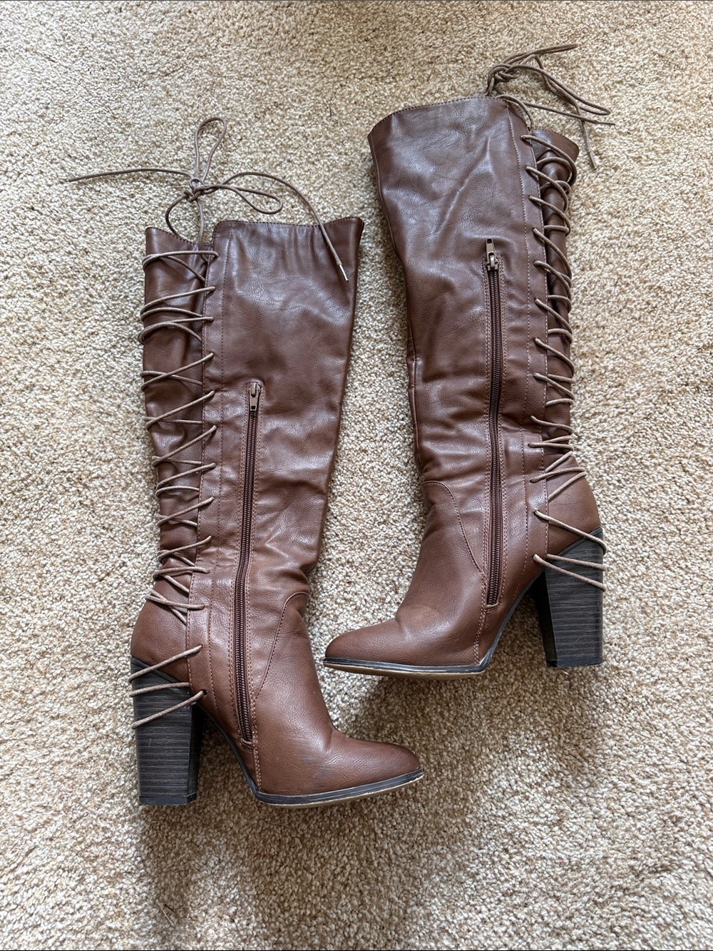 Women's Brown Lace-Up High Heel Knee Boots